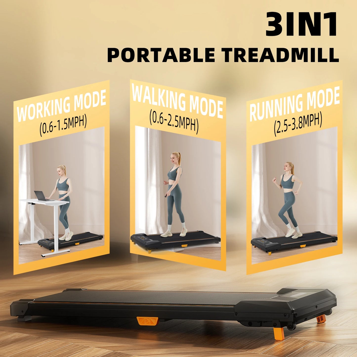 3 in 1 Under-Desk Treadmill – Portable Home Fitness, Adjustable Incline, Quiet Motor