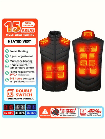 Men's 15 Areas Heated Vest, (Battery Pack Not Included) Active Mid Stretch Zip Up Sleeveless Jacket For Outdoor Fall Winter