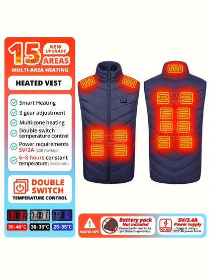 Men's 15 Areas Heated Vest, (Battery Pack Not Included) Active Mid Stretch Zip Up Sleeveless Jacket For Outdoor Fall Winter