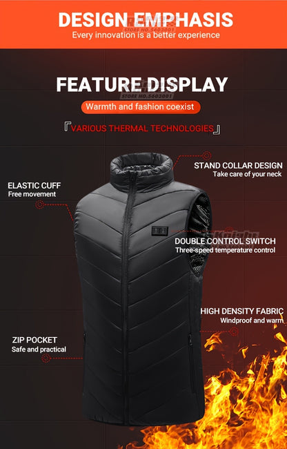 Men's 15 Areas Heated Vest, (Battery Pack Not Included) Active Mid Stretch Zip Up Sleeveless Jacket For Outdoor Fall Winter